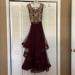 beautiful maroon and gold prom dress